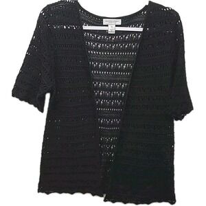 Crocheted Sweater Petite Large Black Short Sleeves Open Weave